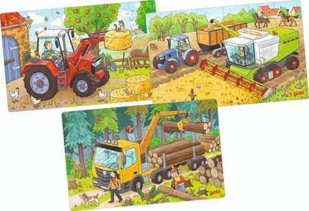 Trzy układanki Pojazdy Rolnicze 57380- Goki, puzzle dla dzieci