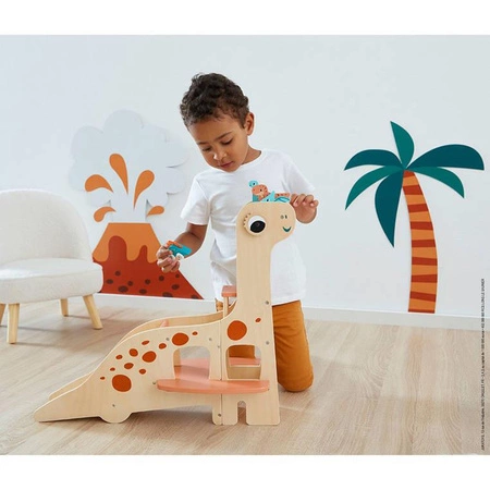 Drewniany garaż piętrowy z windą i 6 akcesoriami Dinozaury 2+, Janod