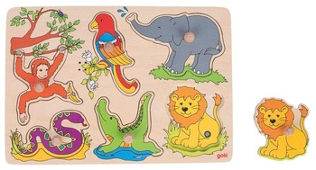 Układanka dla dzieci z uchwytami i dźwiękiem, Egzotyczne zwierzęta, 57862-Goki, układanki drewniane