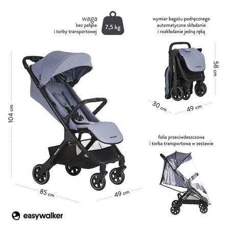 Easywalker Jackey Kompaktowy, samoskładający się wózek spacerowy z torbą transportową Steel Grey