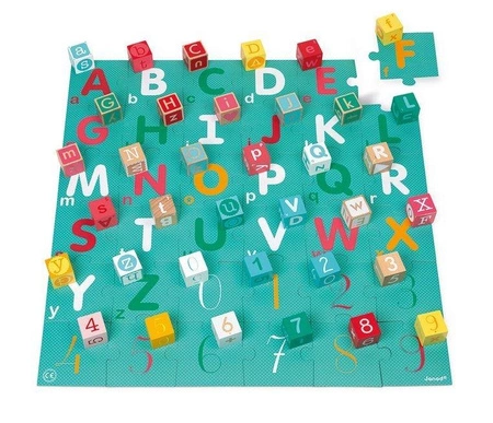 Drewniane klocki z puzzlami Kubix Litery i cyfry 40 elementów 2+, Janod