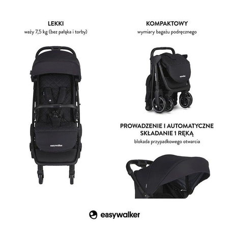 Easywalker Jackey Kompaktowy, samoskładający się wózek spacerowy z torbą transportową Shadow Black