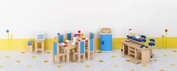 Meble dla lalek, kuchnia z niebieskimi wstawkami, goki