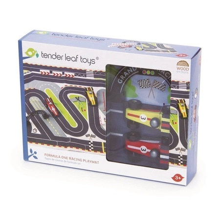 Mata tor Formuła 1 z drewnianymi samochodami, Tender Leaf Toys