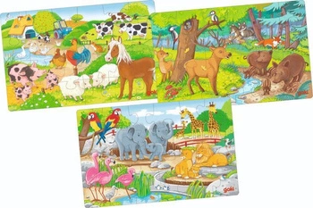 Trzy układanki Zwierzęta farma las zoo 57377-Goki, puzzle dla dzieci