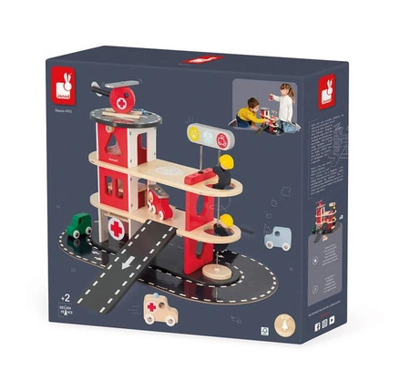 Drewniana remiza strażacka z 5 akcesoriami Bolid 2+, Janod