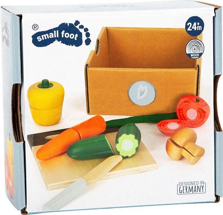 Zestaw drewnianych warzyw do krojenia z deską i nożykiem w skrzynce Small Foot 12329