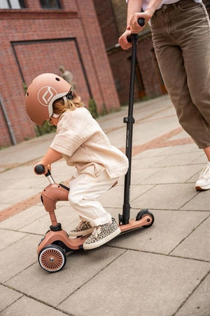 Zestaw SCOOTANDRIDE Highwaykick 1 Push and Go 2w1 Jeździk i hulajnoga z rączką do prowadzenia 1-5 lat Mocha + Kask Rozmiar XXS