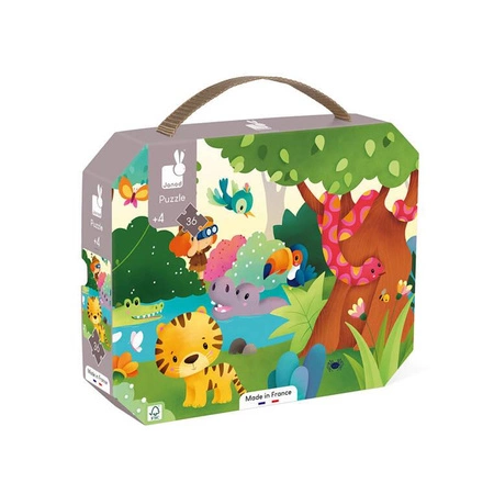 Puzzle panoramiczne w walizce Dzikie zwierzęta 36 elementów 4+, Made in France, Janod