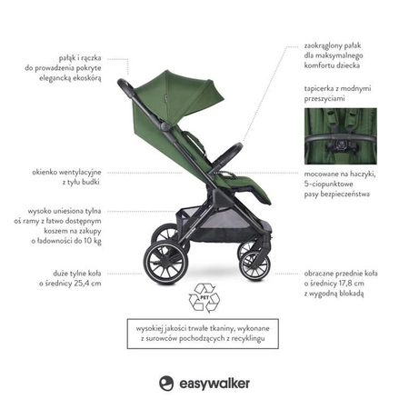 Easywalker Jackey² XL Komfortowy, samoskładający się wózek spacerowy z torbą transportową i osłoną przeciwdeszczową Deep Green