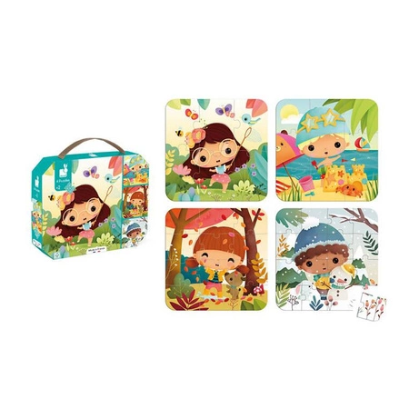 Puzzle progresywne w walizce Pory roku 4 układanki – 6, 9, 12 i 16 elementów 2+, Made in France, Janod (stary indeks: J02658)