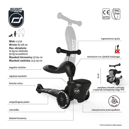 SCOOTANDRIDE Highwaykick 1 Lifestyle 2w1 Jeździk i hulajnoga z zamykanym schowkiem 1-5 lat Zebra