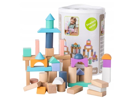 Drewniane klocki 100 szt wiaderko + sorter Ecotoys