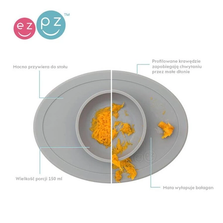 EZPZ Komplet pierwszych naczyń silikonowych First Foods Set szary + kubeczek Tiny Cup GRATIS szary