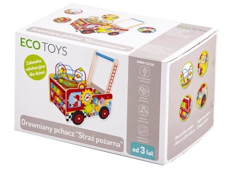 Drewniany pchacz edukacyjny straż pożarna + klocki Ecotoys