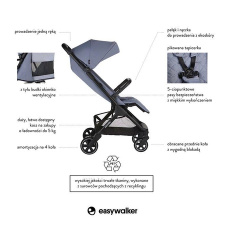 Easywalker Jackey Kompaktowy, samoskładający się wózek spacerowy z torbą transportową Steel Grey
