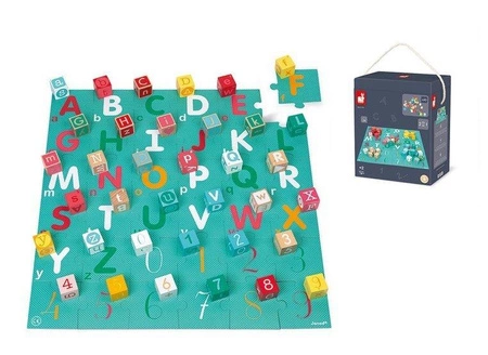 Drewniane klocki z puzzlami Kubix Litery i cyfry 40 elementów 2+, Janod