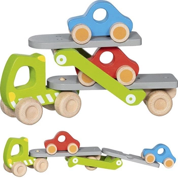 Transporter samochodowy laweta drewniana i 2 autka Goki 55860