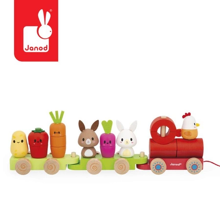 Janod Pociąg z klockami i figurkami do ciągnięcia Farma 12m+
