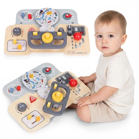 Drewniana tablica manipulacyjna sensoryczna dla dzieci panel edukacyjny auto kierownica 15 elementów ECOTOYS