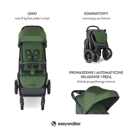 Easywalker Jackey² XL Komfortowy, samoskładający się wózek spacerowy z torbą transportową i osłoną przeciwdeszczową Deep Green