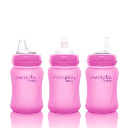 Szklana butelka ze smoczkiem S reagująca na temperaturę, 150 ml, wiśniowa, Everyday Baby