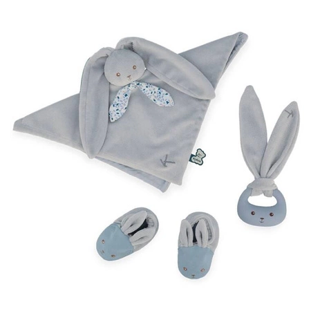 Kaloo Zestaw prezentowy 3 w 1 Królik (komforter + gryzak + buciki) niebieski Lapinoo
