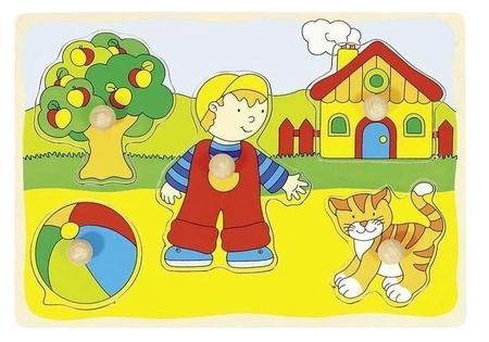 Chłopiec, kotek, piłka, układanka drewniana, goki