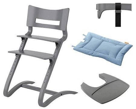 LEANDER - krzesełko do karmienia CLASSIC™, szare + barierka, tacka, poduszka Dusty Blue - ZESTAW