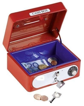 Czerwona kasetka z zamkiem szyfrowym, skarbonka