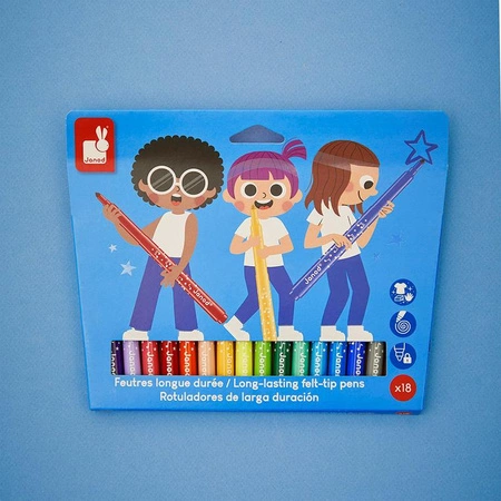 Janod Flamastry pisaki z filcową końcówką 18 kolorów 3+