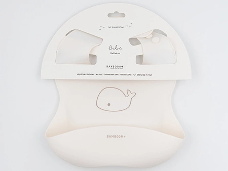 Śliniak silikonowy z kieszonką kremowy 6m+ BAMBOOM