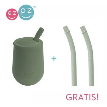 EZPZ Silikonowy kubeczek ze słomką Mini Cup + Straw Training System 120 ml oliwkowy + 2 słomki GRATIS pastelowa zieleń