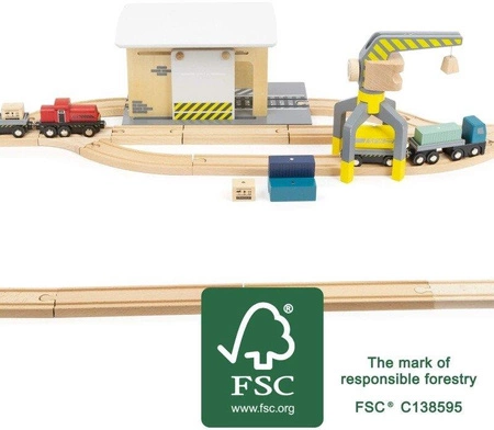 Drewniany zestaw z magnetycznymi kontenerami i dźwigami Kompleksowy skład towarowy 11377-Small Foot World, kolejki dla dzieci