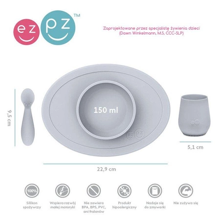 EZPZ Komplet pierwszych naczyń silikonowych First Foods Set pastelowa szarość