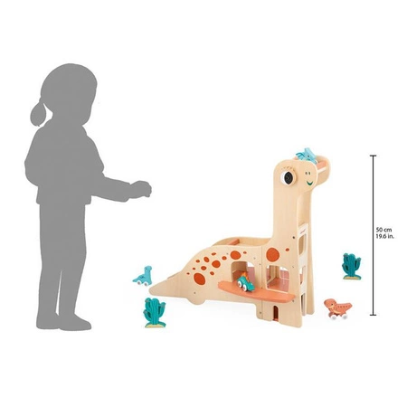 Drewniany garaż piętrowy z windą i 6 akcesoriami Dinozaury 2+, Janod
