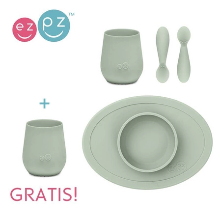 EZPZ Komplet pierwszych naczyń silikonowych First Foods Set pastelowa zieleń + kubeczek Tiny Cup GRATIS pastelowa zieleń