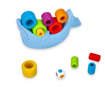Delfin bawi się walcami, gra drewniana, goki