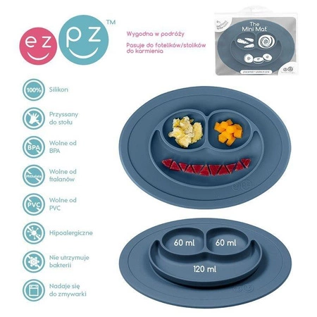 EZPZ Silikonowy talerzyk z podkładką mały 2w1 Mini Mat ciemny niebieski