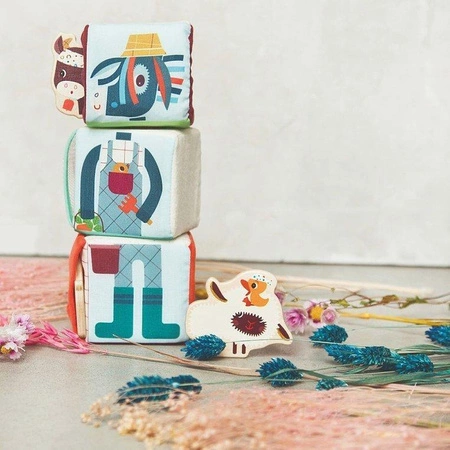 LILLIPUTIENS Zestaw 3 kostek aktywizujących wielofunkcyjnych z ukrytymi elementami Farma 18 m+