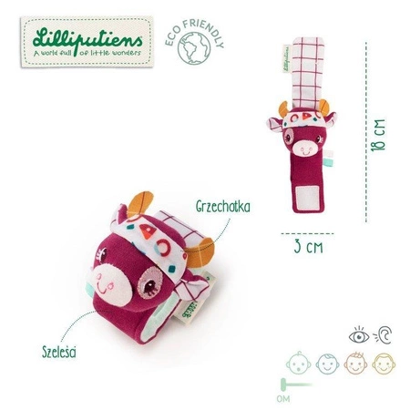 LILLIPUTIENS Grzechotka na rękę Krówka Rosalie z szeleszczącą folią 0 m+