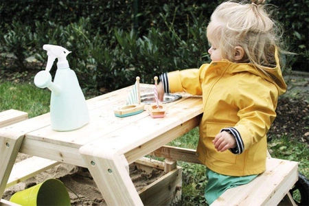 Drewniana piaskownica dla dzieci 3w1 stolik z ławką stół błotny Outdoor Small Foot 12411 zestaw mebli ogrodowych