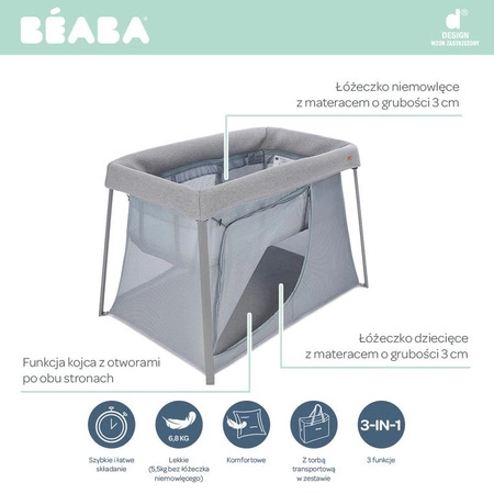 Beaba Łóżeczko turystyczne dwupoziomowe z funkcją kojca 3w1 Eazy sleep Heather grey / Pebble