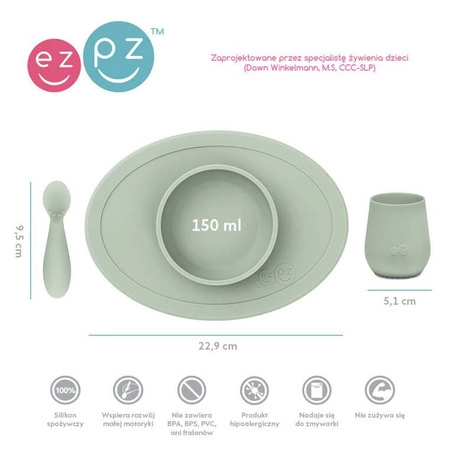 EZPZ Komplet pierwszych naczyń silikonowych First Foods Set pastelowa zieleń + kubeczek Tiny Cup GRATIS pastelowa zieleń