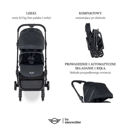 MINI by Easywalker Buggy TURN Kompaktowy wózek spacerowy z obrotowym siedziskiem 360° Oxford Black (z osłoną przeciwdeszczową w zestawie)