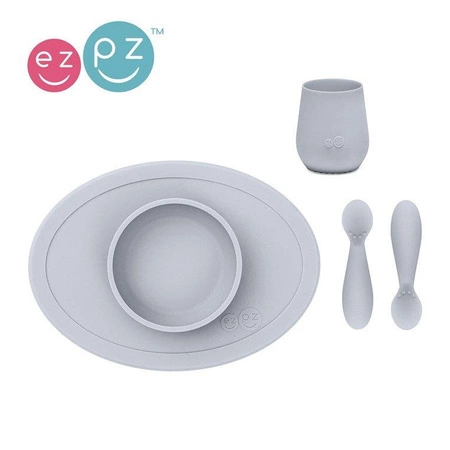 EZPZ Komplet pierwszych naczyń silikonowych First Foods Set pastelowa szarość