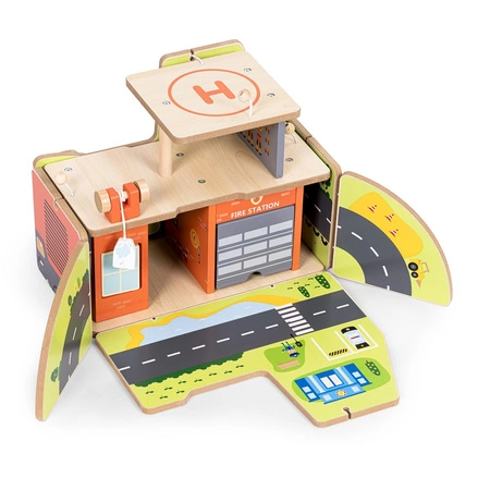 Drewniany garaż zestaw straży pożarnej 2w1 – remiza i wóz 2 piętra figurki pojazdy ECOTOYS