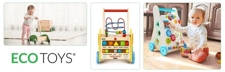 Drewniany pchacz edukacyjny 2w1 kostka + klocki - Karetka