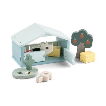 Zabawka drewniana krówka Dotti, stodoła i akcesoria.