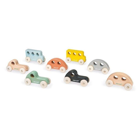 Drewniane pojazdy Sweet Cocoon, opakowanie zbiorcze 8 sztuk (3 modele: 3+3+2), Janod